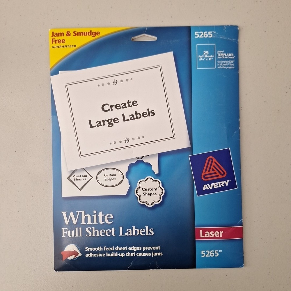 Avery 5265 Full Sheet Laser Labels Jam & Smudge Free, 8 1/2" x 11" White NEW